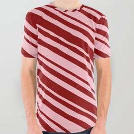 [ Thumbnail: Pink & Dark Red Colored Striped/Lined Pattern All Over Graphic Tee ]