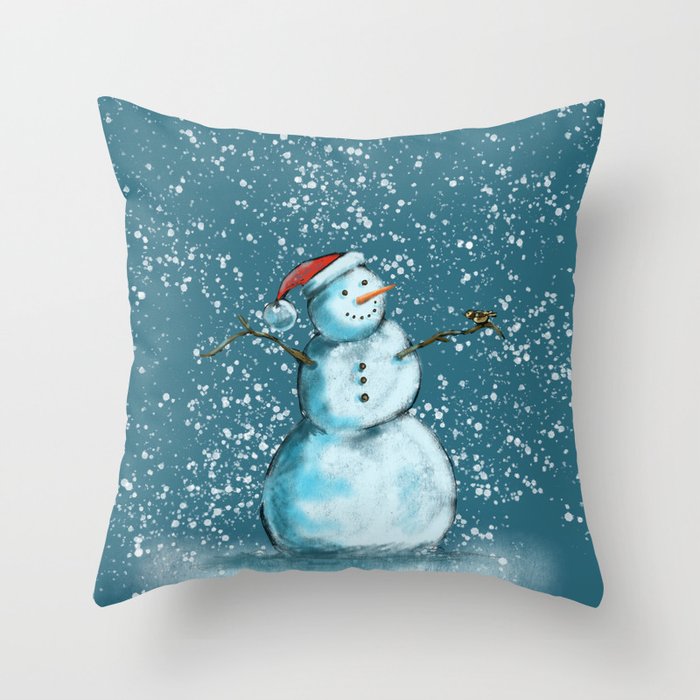 Frosty snowman and his little bird Throw Pillow