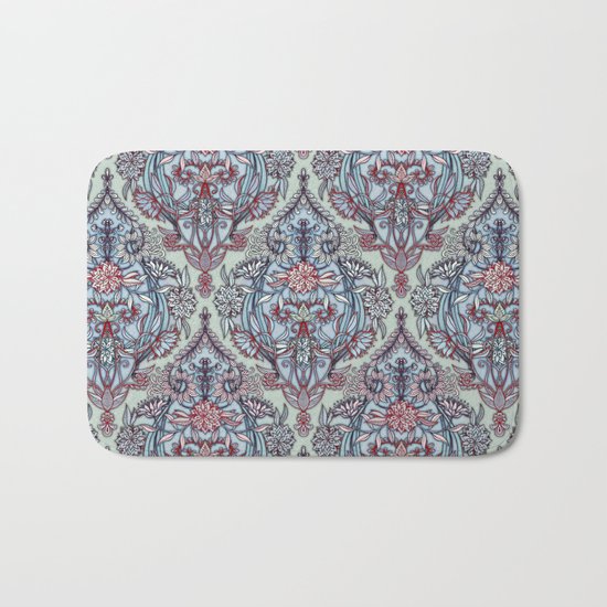 Botanical Moroccan Doodle Pattern in Navy Blue, Red & Grey Bath Mat