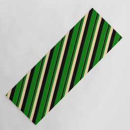 [ Thumbnail: Tan, Black & Green Colored Stripes/Lines Pattern Yoga Mat ]