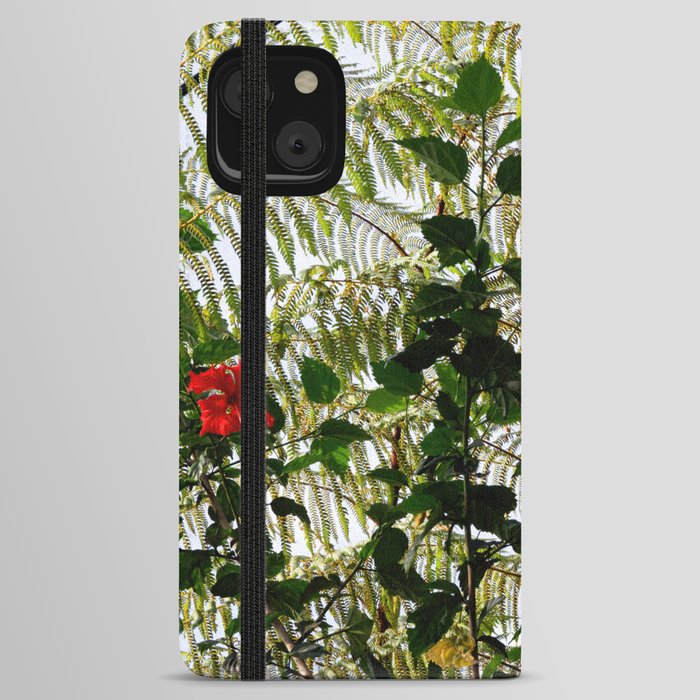 Red Hibiscus Flowers Blooming With Fern iPhone Wallet Case