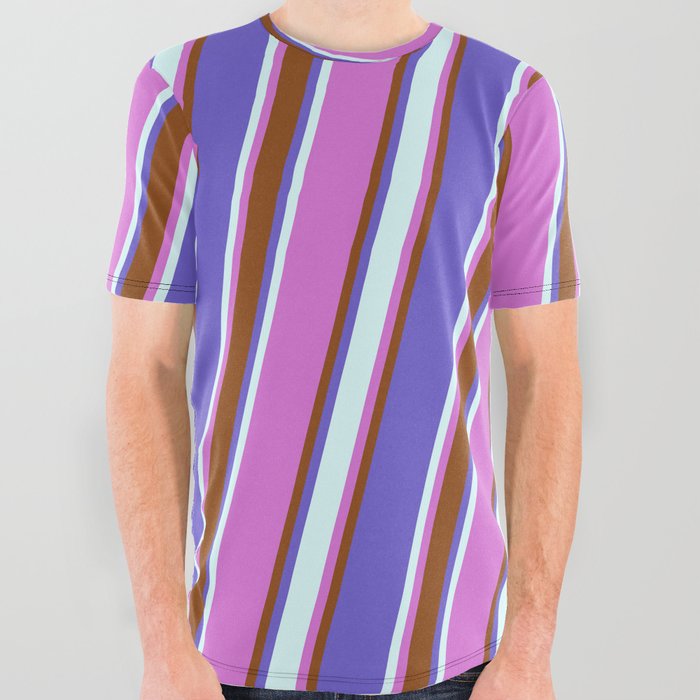 Orchid, Brown, Slate Blue, and Light Cyan Colored Stripes Pattern All Over Graphic Tee