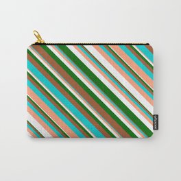 [ Thumbnail: Eyecatching Dark Green, Sienna, Dark Turquoise, Light Salmon & White Colored Stripes Pattern Carry-All Pouch ]