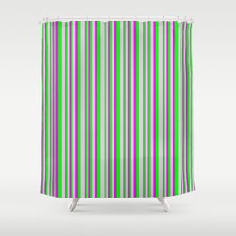 [ Thumbnail: Fuchsia, Lime, and Light Grey Colored Lined/Striped Pattern Shower Curtain ]