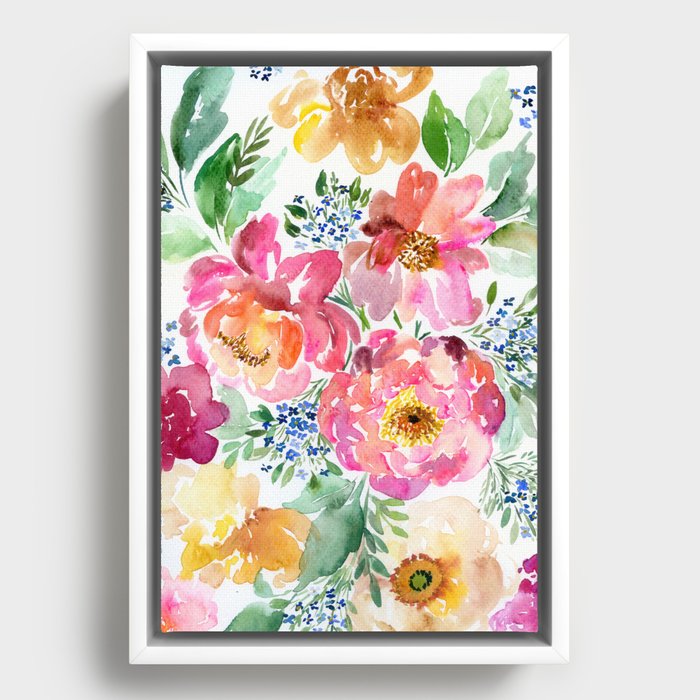 yellow and pink peonies in watercolor Framed Canvas