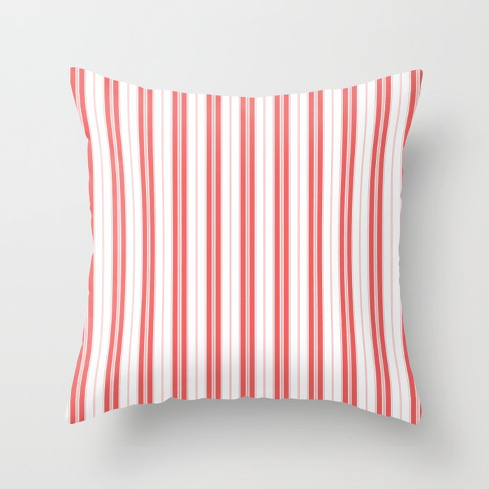 Apple Red and White Vintage American Country Cabin Ticking Stripe Throw Pillow