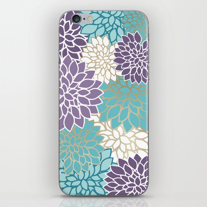 Dahlia Floral Blooms, Purple, Teal, Gold and White iPhone Skin