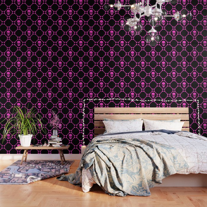 Skulls And Bones Hot Pink On Black Wallpaper By Mariamahar Society6