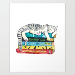 Gig tabby cat reading book library Painting Wall Poster Watercolor Art Print