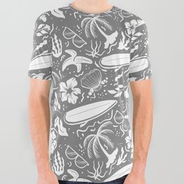 Grey and White Surfing Summer Beach Objects Seamless Pattern All Over Graphic Tee