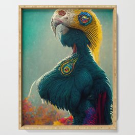 A fantasy portrait of an unusual bird in a fairy-tale elfin forest. Fabulous flower garden and cute fantasy birds. Concept of a colorful magic bird. Serving Tray