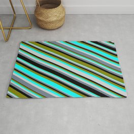 [ Thumbnail: Colorful Black, Green, Aqua, Light Gray, and Slate Gray Colored Stripes/Lines Pattern Rug ]