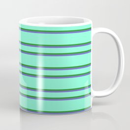 [ Thumbnail: Aquamarine, Forest Green, and Slate Blue Colored Lined Pattern Coffee Mug ]
