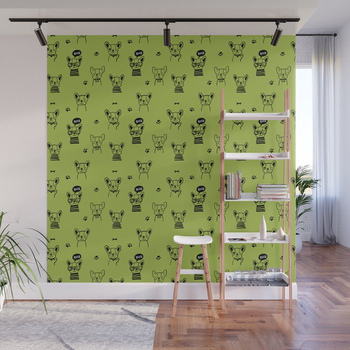 Light Green and Black Hand Drawn Dog Puppy Pattern Wall Mural