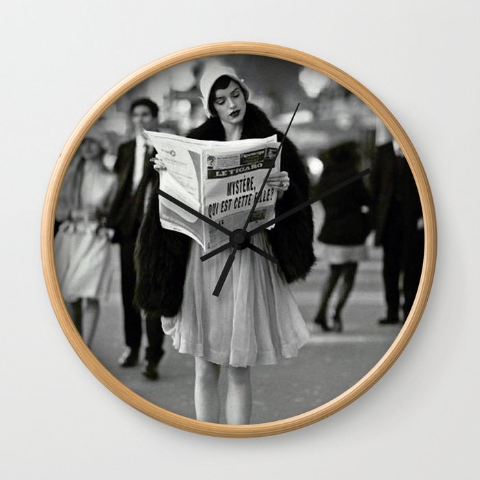 Roaring Twenties French Flapper Girl Reading Newspaper on the Street, Paris female portrait black and white photography - photographs Wall Clock