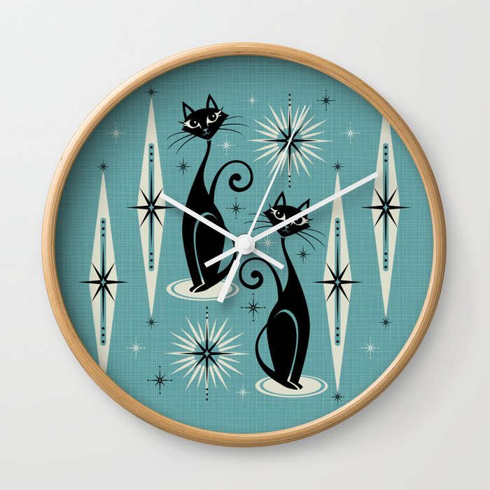 Mid Century Meow Retro Atomic Cats on Blue Wall Clock