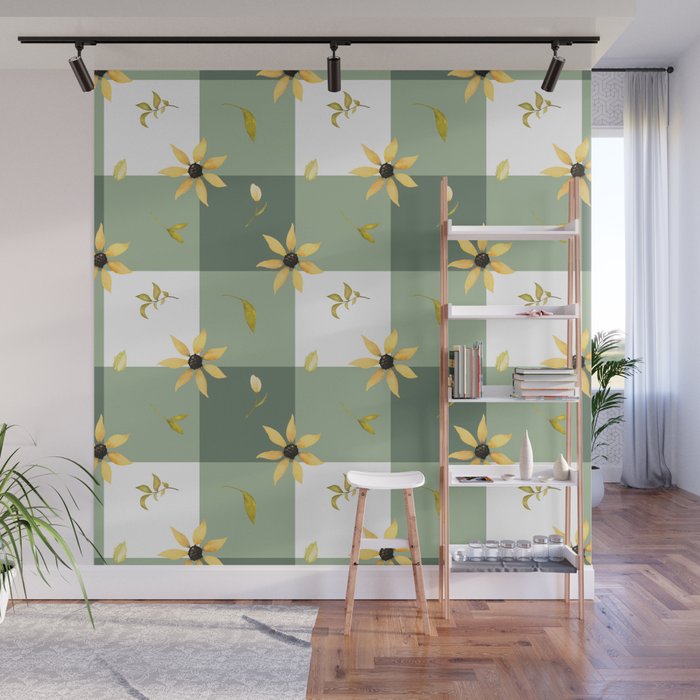 Yellow floral meadow on sage green gingham pattern Wall Mural