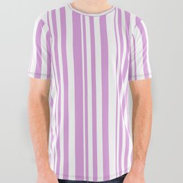[ Thumbnail: White and Plum Colored Pattern of Stripes All Over Graphic Tee ]