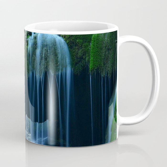 Color time-lapse photograph of waterfalls in mossy rock formation below trestle railroad bridge river nature photography - photographs Coffee Mug