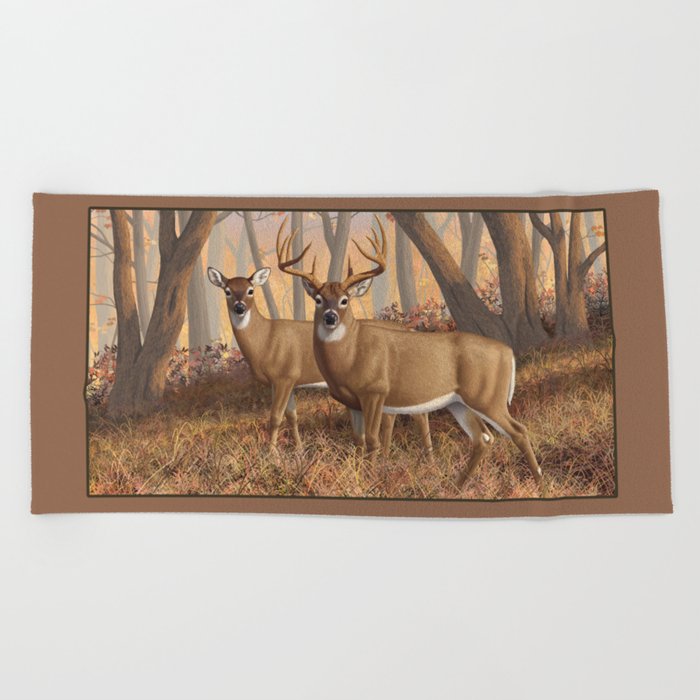 Whitetail Deer Trophy Buck and Doe in Autumn Beach Towel