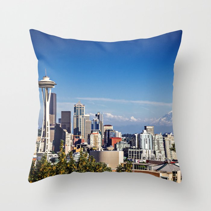 Seattle Overlook with Mt Rainier Throw Pillow