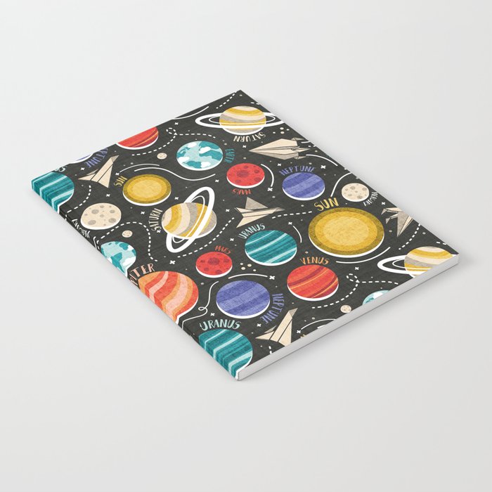 Paper space adventure I // black background multicoloured solar system paper cut planets origami paper spaceships and rockets  Notebook