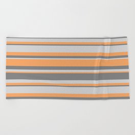 [ Thumbnail: Brown, Gray & Light Grey Colored Lined/Striped Pattern Beach Towel ]