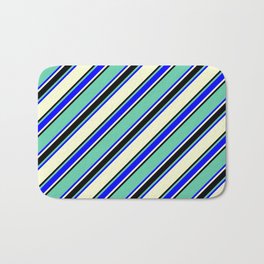 [ Thumbnail: Aquamarine, Blue, Light Yellow & Black Colored Lined Pattern Bath Mat ]
