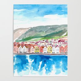 Bergen Bryggen Waterfront in Norwegian Sunshine Poster
