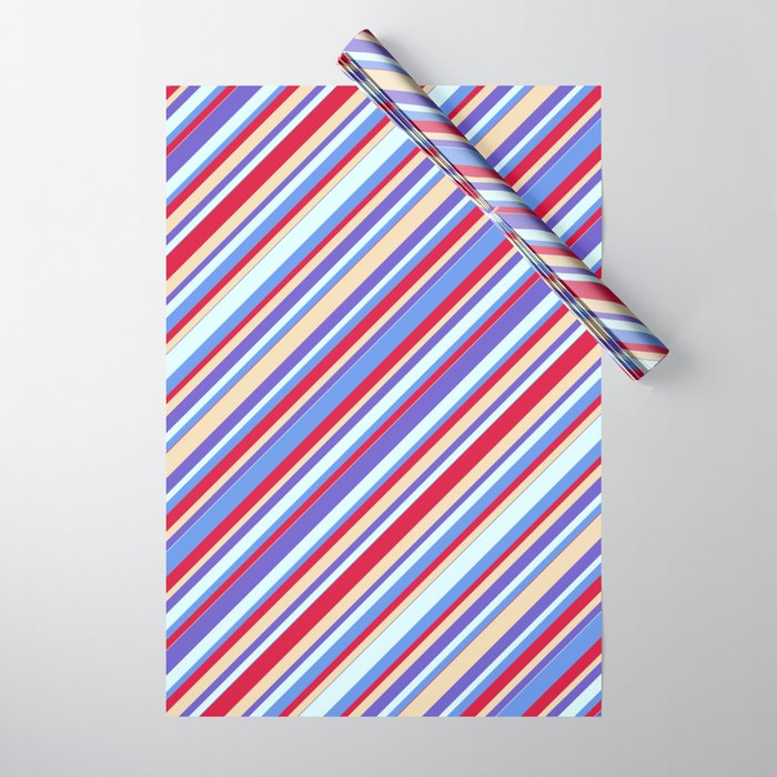 Colorful Tan, Slate Blue, Light Cyan, Cornflower Blue & Crimson Colored Stripes Pattern Wrapping Paper