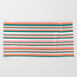 [ Thumbnail: Teal, Mint Cream, Light Pink, and Coral Colored Lines/Stripes Pattern Beach Towel ]
