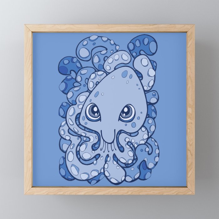 Happy Octopus Squid Kraken Cthulhu Sea Creature , Baby Blue Framed Mini Art Print by bignoseart