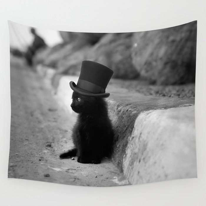 The Mad Hatter; baby black kitten in top hat portrait cat black and white photograph - photography- photographs poster Wall Tapestry