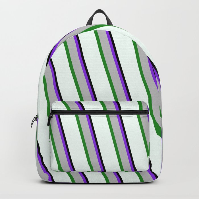 Eye-catching Purple, Grey, Forest Green, Mint Cream, and Black Colored Lined/Striped Pattern Backpack