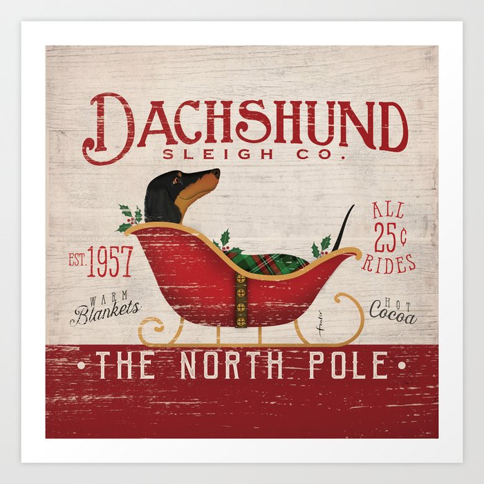 Dachsund dog Christmas Sleigh Art Print