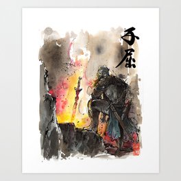 Dark Souls Bonfire with a Warrior Japanese calligraphy Art Print