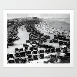 Model T heaven; 4th of July, 1920's Nantasket Beach in Hull, Massachusetts, Boston Harbor vintage cars and automobiles black and white photograph - photographs - photography  Art Print