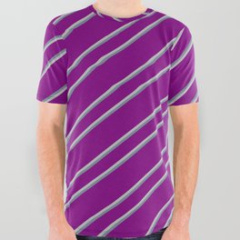 [ Thumbnail: Purple, Grey, and Light Slate Gray Colored Lined/Striped Pattern All Over Graphic Tee ]