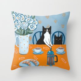 Cats and a French Press Throw Pillow