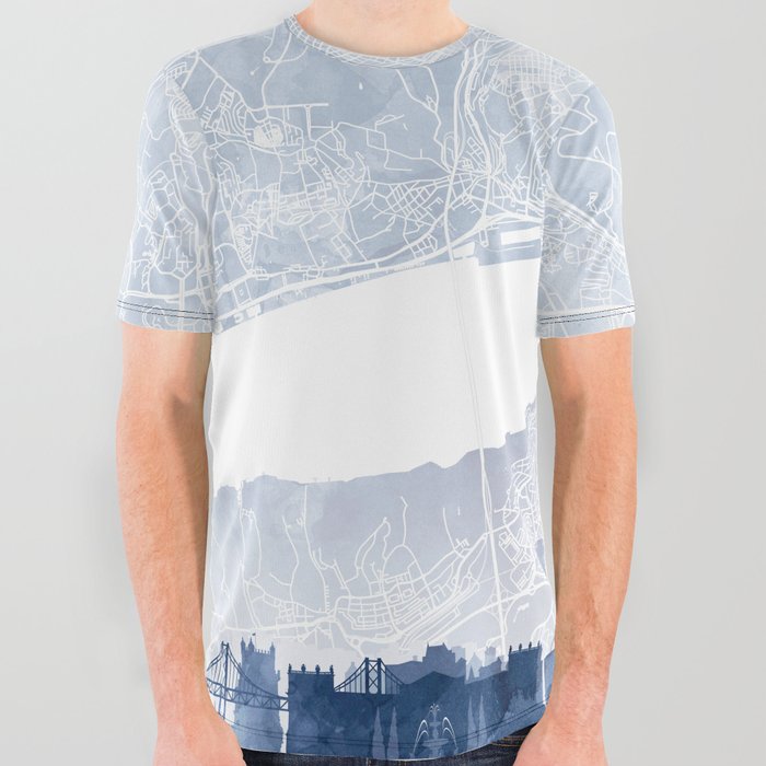 Lisbon Skyline & Map Watercolor Navy Blue, Print by Zouzounio Art All Over Graphic Tee