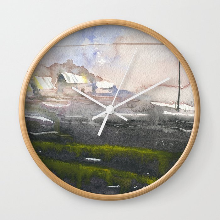 Mist covered landscape painting with buildings.  Landscape watercolor painting fine art land Wall Clock