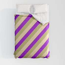 [ Thumbnail: Dark Khaki, Tan, and Dark Violet Colored Striped Pattern Comforter ]