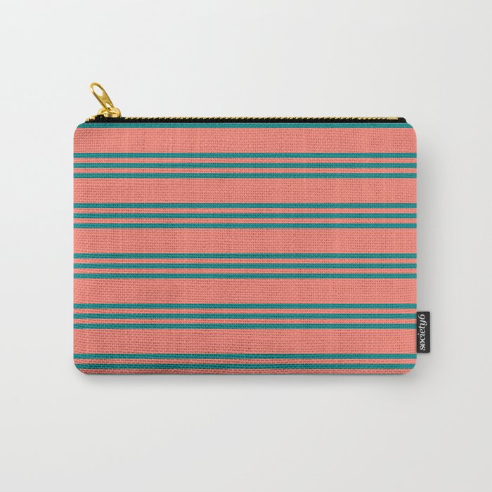 Salmon and Teal Colored Striped/Lined Pattern Carry-All Pouch