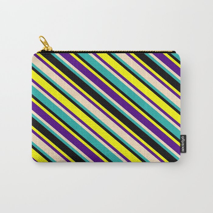 Eyecatching Yellow, Indigo, Bisque, Light Sea Green, and Black Colored Lined Pattern Carry-All Pouch