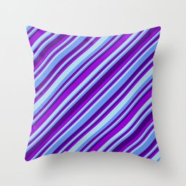 [ Thumbnail: Indigo, Dark Violet, Light Blue & Cornflower Blue Colored Lined Pattern Throw Pillow ]
