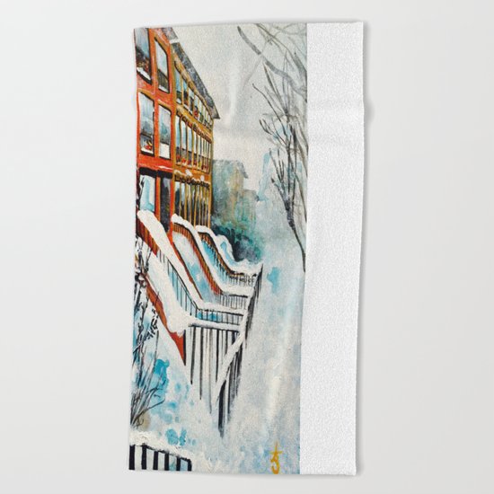 Brooklyn New York In Snow Storm Beach Towel