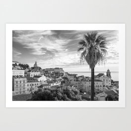 Palmtree in Alfama lIsbon Portugal - view in Black and white - travel photography Art Print