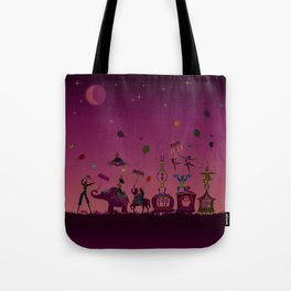 colorful circus carnival traveling in one row at night Tote Bag