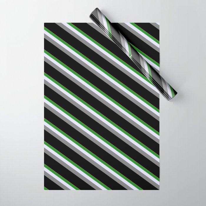 Light Salmon, Forest Green, Lavender, Gray, and Black Colored Stripes/Lines Pattern Wrapping Paper