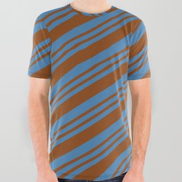 [ Thumbnail: Blue & Brown Colored Lined/Striped Pattern All Over Graphic Tee ]